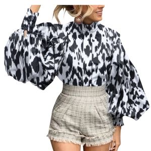 Celima Black & White Leopard Print Pleated Lantern Sleeve Blouse Size Sm NWT